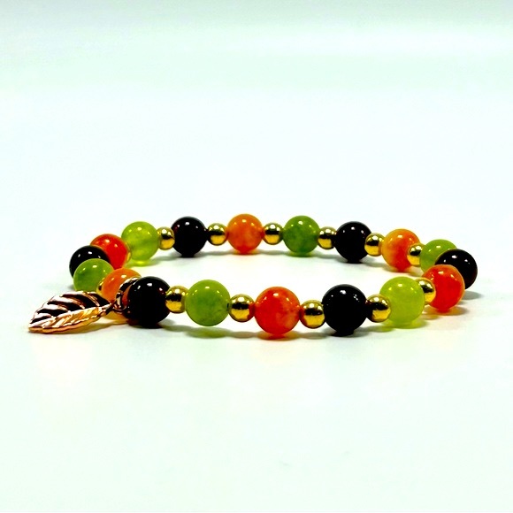 Handmade Fall Leaf Charm Bracelet with Garnet & Jade Gemstones! - Picture 4 of 4